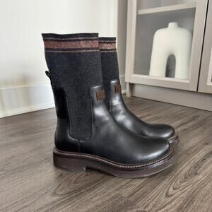 Brunello Cucinelli Black Calfskin Grey Knit Metallic Beatle Boots 38 Chelsea
